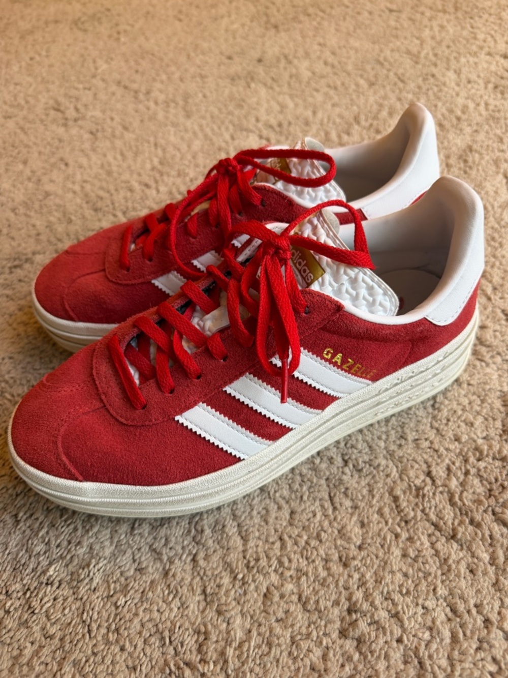 Adidas Gazelle Bold Red Suede Sneakers with White Stripes - Picture 6 of 6